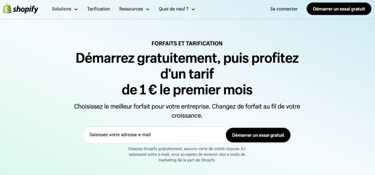 Image qui décrit l'offre Shopify d'essai gratuit puis 1 euro le mois suivant