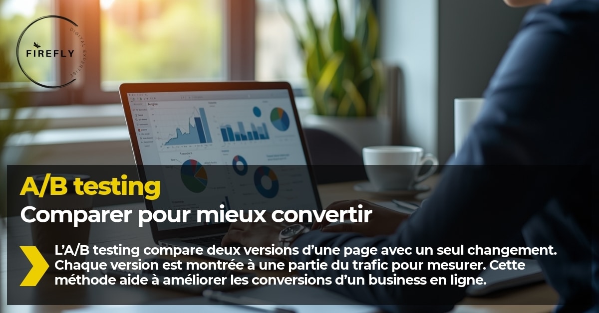 Illustration pédagogique de l’A/B testing montrant la comparaison de deux versions de page pour améliorer les conversions en ligne.