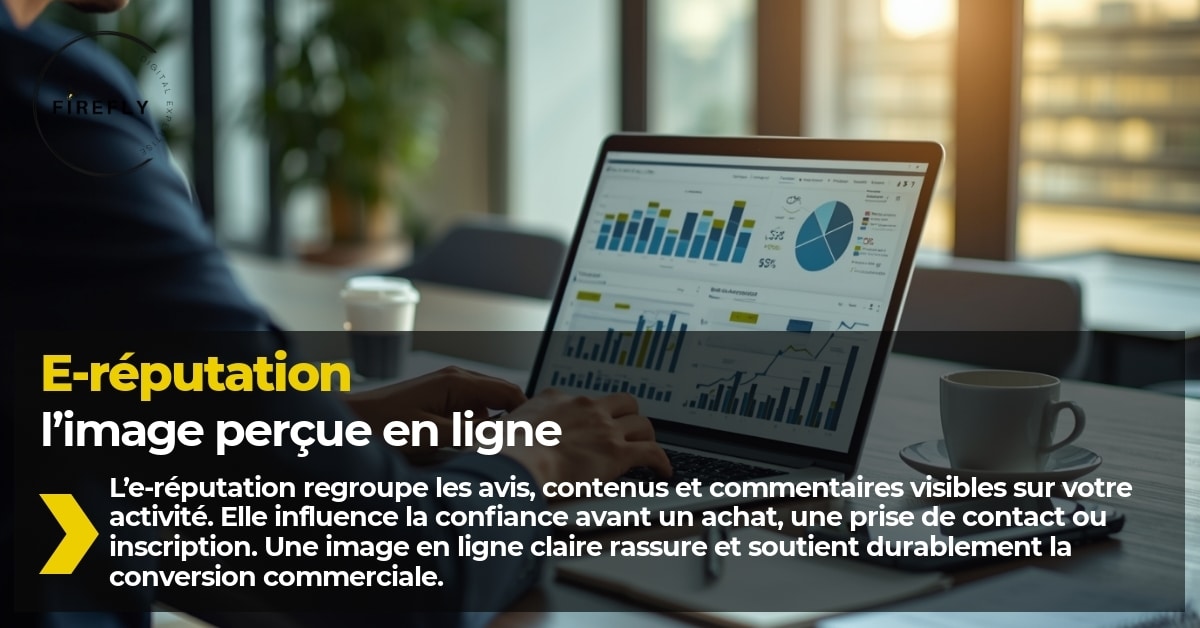 Visuel pédagogique expliquant l’e-réputation comme l’image perçue d’un business en ligne à travers avis et contenus.