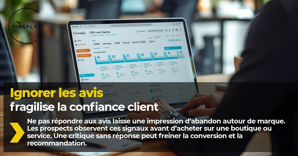 Illustration d’une erreur d’e-réputation où une entreprise ignore les avis clients sur son activité en ligne.