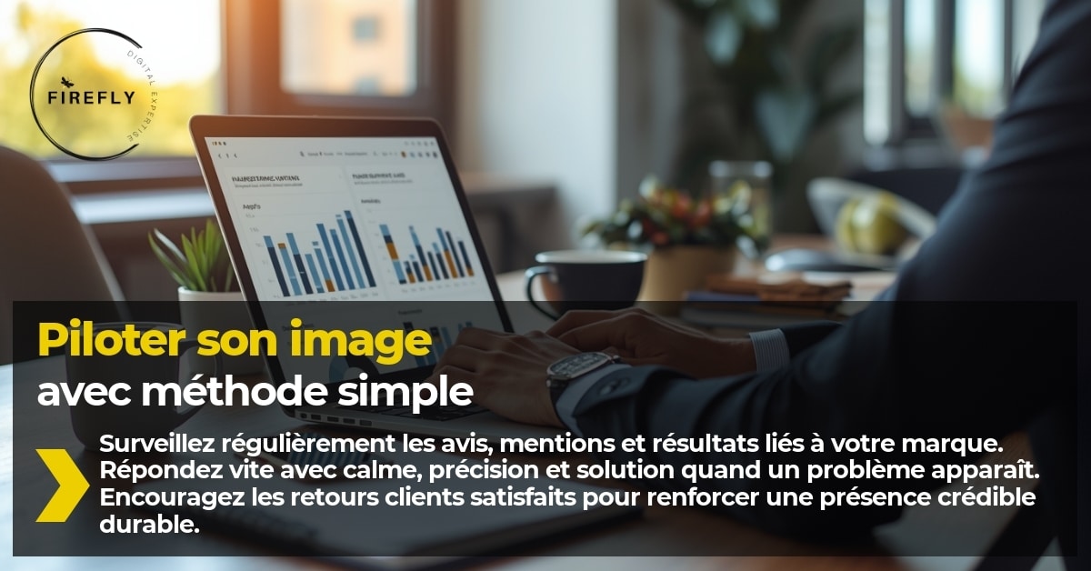 Visuel montrant une stratégie d’e-réputation fondée sur la veille, la réponse aux avis et les retours clients.