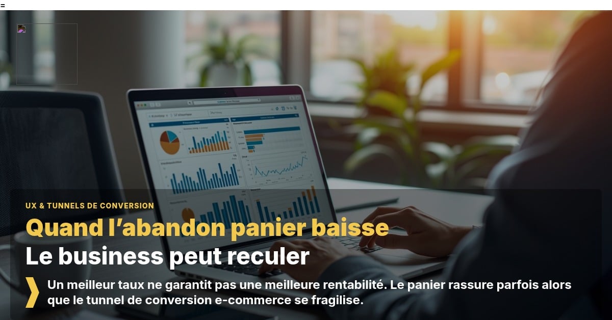 Visuel hook sur l’abandon panier e-commerce montrant qu’une baisse du taux peut masquer un recul du business.