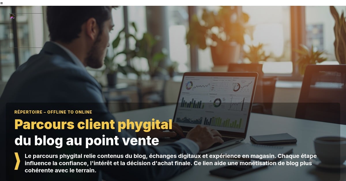 Schéma du parcours client phygital reliant blog, interactions digitales et point de vente pour améliorer la monétisation de blog.