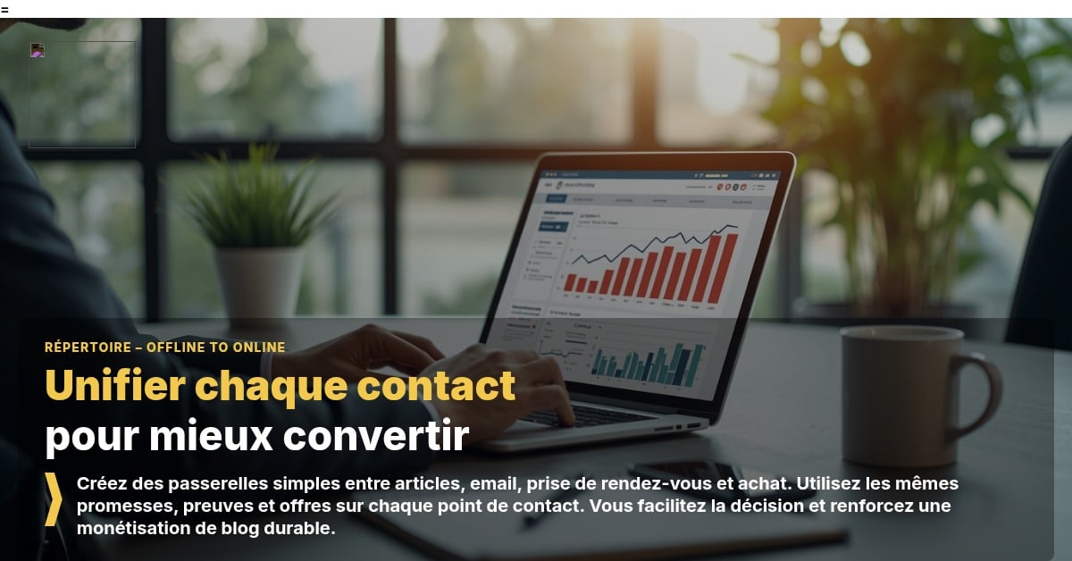 Visuel stratégique montrant comment aligner blog, email et points de contact physiques pour soutenir la monétisation de blog.