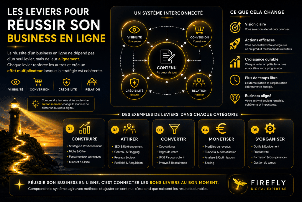 Infographie Firefly Digital Expertise présentant les principaux leviers pour réussir son business en ligne : visibilité, conversion, monétisation, crédibilité, acquisition et stratégie digitale.