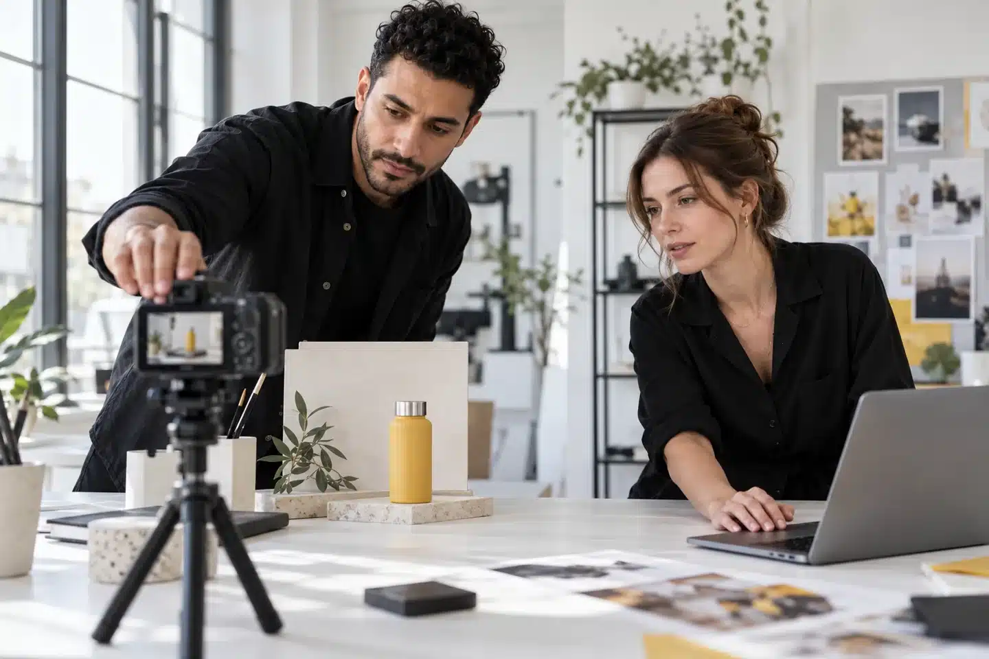 Développer la visibilité de son business en ligne 1 Deux professionnels préparent une vidéo de présentation dans un studio de création contemporain.