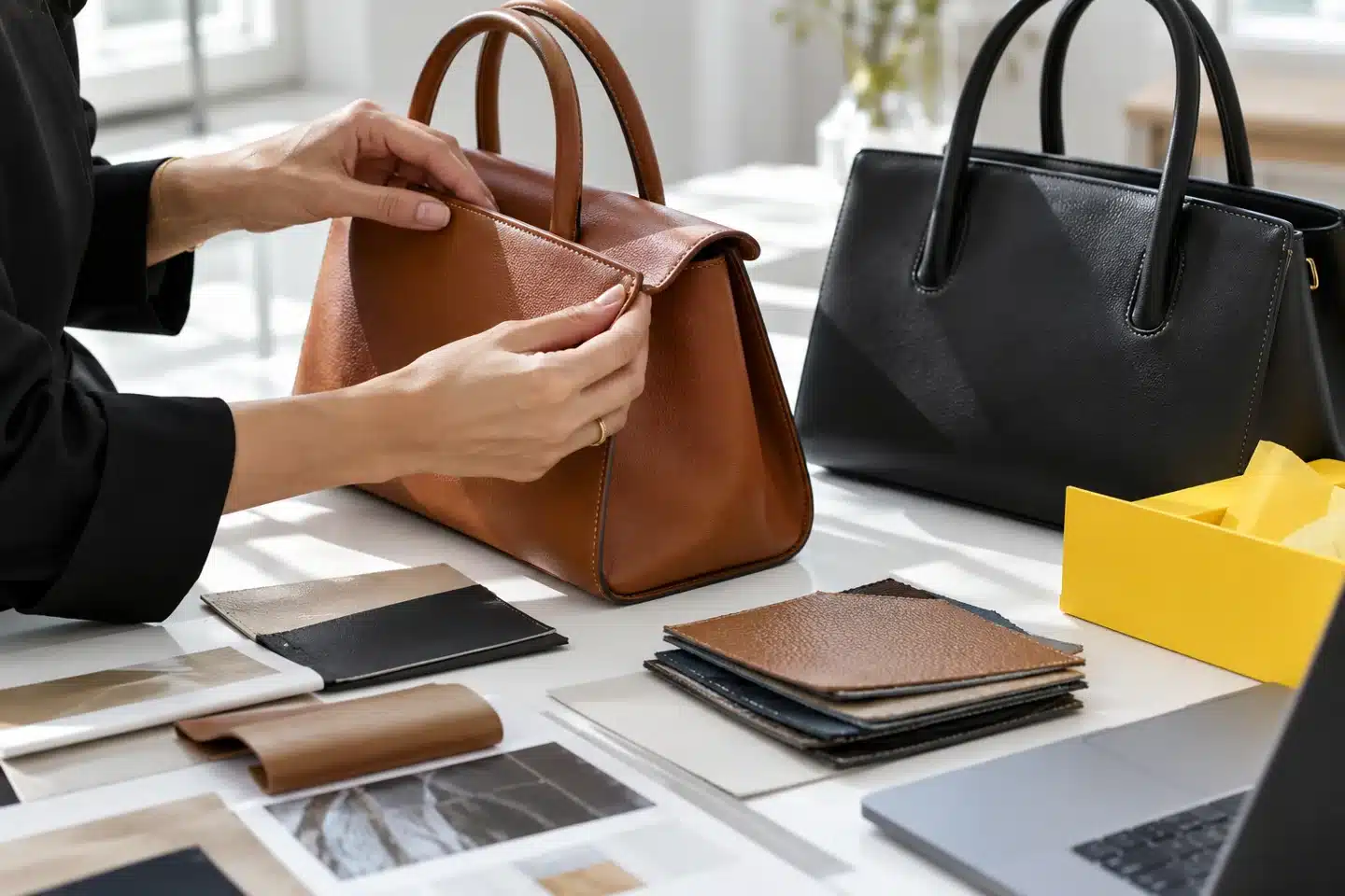 Dossiers – Convertir, rassurer et vendre 2 Des sacs en cuir et des échantillons de matière sont examinés dans un studio e-commerce contemporain.